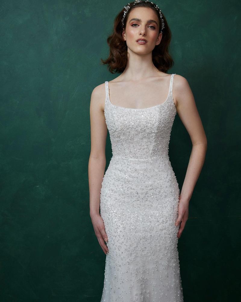 La23231 beaded square neck wedding dress with train and tank straps5